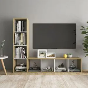 TDESIGNO RENGUL KİTAPLIKLI TELEVİZYON SEHPASI - ÜNİTESİ -KİTAPLIK MEŞE-BEYAZ 150 CM 8 RAFLI