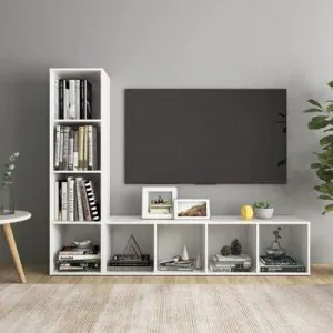 TDESIGNO YAĞMUR KİTAPLIKLI TELEVİZYON SEHPASI - ÜNİTESİ -KİTAPLIK-BEYAZ 150 CM 8 RAFLI