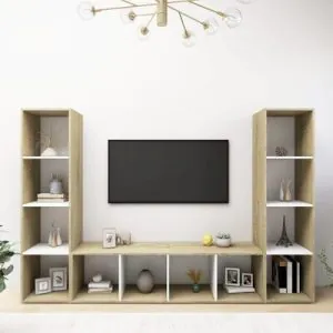 TDESIGNO ER KİTAPLIKLI TELEVİZYON SEHPASI - ÜNİTESİ -KİTAPLIK-MEŞE BEYAZ 180 CM 12 RAFLI