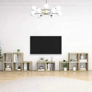 TDESIGNO İDİL KİTAPLIKLI TELEVİZYON SEHPASI - ÜNİTESİ -KİTAPLIK-MEŞE BEYAZ 240 CM 12 RAFLI