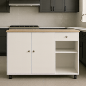 Tdesigno Alya Mutfak Adası Alt Modül 120 cm Beyaz Tezgah Dahil-Tekerlekli