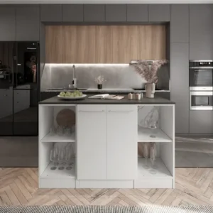 Tdesigno Beyaz Tezgahlı - Reina Mutfak Adası -140 cm - Çok Amaçlı Dolap - Alt Modül - Antrasit Tezgah Dahil