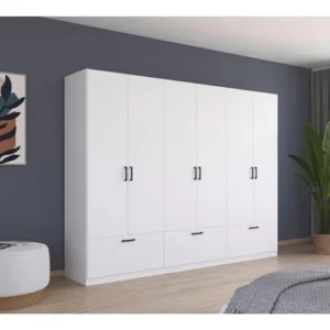 Tdesigno Alev Giyinme Dolabı - Çok Amaçlı Dolap - Gardırop 270 Cm - 6 Kapaklı - 3 Çekmeceli - Beyaz