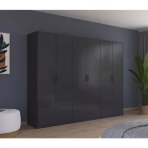 Tdesigno Alev Giyinme Dolabı - Çok Amaçlı Dolap - Gardırop 270 Cm - 6 Kapaklı - 3 Çekmeceli - Antrasit