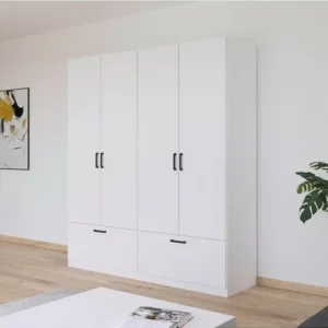 T Designo Alev Giyinme Dolabı - Çok Amaçlı Dolap - Gardırop 180 Cm - 4 Kapaklı - 2 Çekmeceli - Beyaz