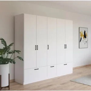 T Designo Alev Giyinme Dolabı - Çok Amaçlı Dolap - Gardırop 225 Cm - 5 Kapaklı - 3 Çekmeceli - Beyaz