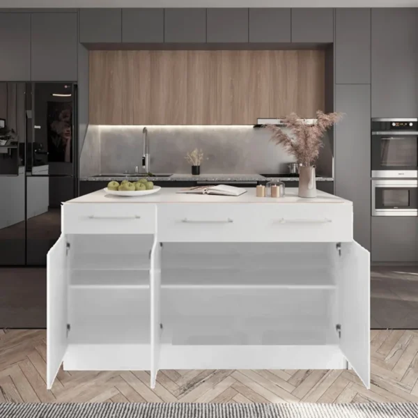 Tdesigno Zeus Mutfak Adası - Alt Modül - 2 Çekmeceli 3 Kapaklı - 150 cm Beyaz - Tezgah Dahil - Görsel 3