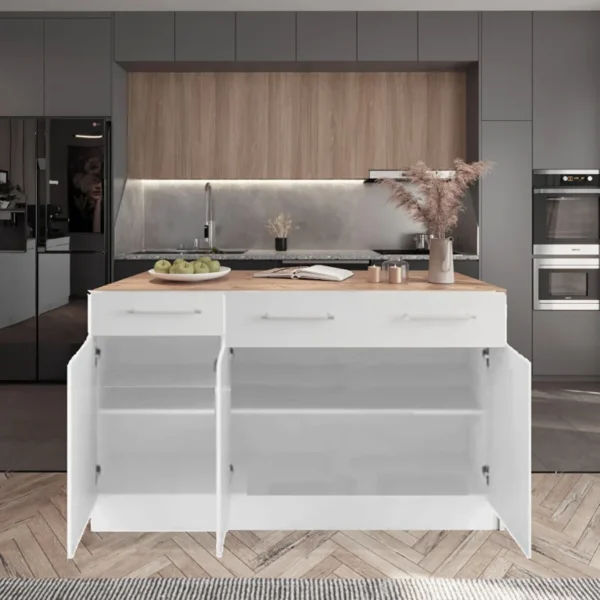 Tdesigno Zeus Mutfak Adası - Alt Modül - 2 Çekmeceli 3 Kapaklı - 150 cm Beyaz - Tezgah Dahil - Görsel 3