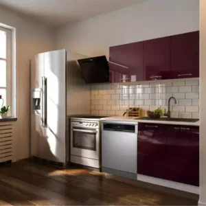 Hima Hazır Mutfak Dolabı – 140 Cm- Parlak-Beyaz Laminat Tezgah Dahil-Bulaşık Makinesi Yeri Mevcut-Mürdüm