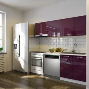 Puka Hazır Mutfak Dolabı 200cm Parlak-Beyaz Laminat Tezgah Dahil-Bulaşık Makinesi Yeri Mevcut-Parlak - Mürdüm