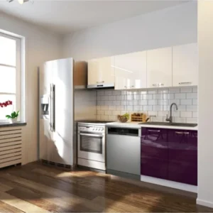 Puka Hazır Mutfak Dolabı 200cm Parlak-Beyaz Laminat Tezgah Dahil-Bulaşık Makinesi Yeri Mevcut-Parlak - Mürdüm-Beyaz