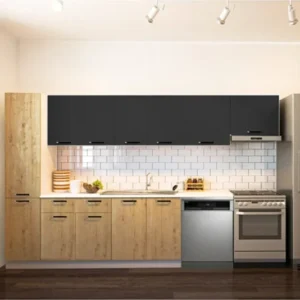 Avlonya Hazır Mutfak Dolabı Kiler Dahil 320cm-Beyaz Laminat Tezgah Dahil-Bulaşık Makinesi Yeri Mevcut - Meşe-Antrasit