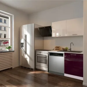 Manza Hazır Mutfak Dolabı 120cm - Parlak-Beyaz Laminat Tezgah Dahil-Bulaşık Makinesi Yeri Mevcut - Mürdüm-Beyaz