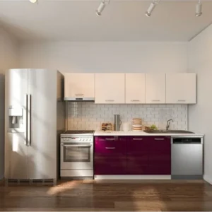 Loşna Hazır Mutfak Dolabı 260 cm-Beyaz Laminat Tezgah Dahil-Bulaşık Makinesi Yeri Mevcut-Parlak - Mürdüm-Beyaz