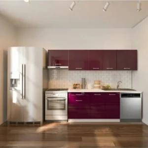 Loşna Hazır Mutfak Dolabı 260 cm-Beyaz Laminat Tezgah Dahil-Bulaşık Makinesi Yeri Mevcut-Parlak - Mürdüm