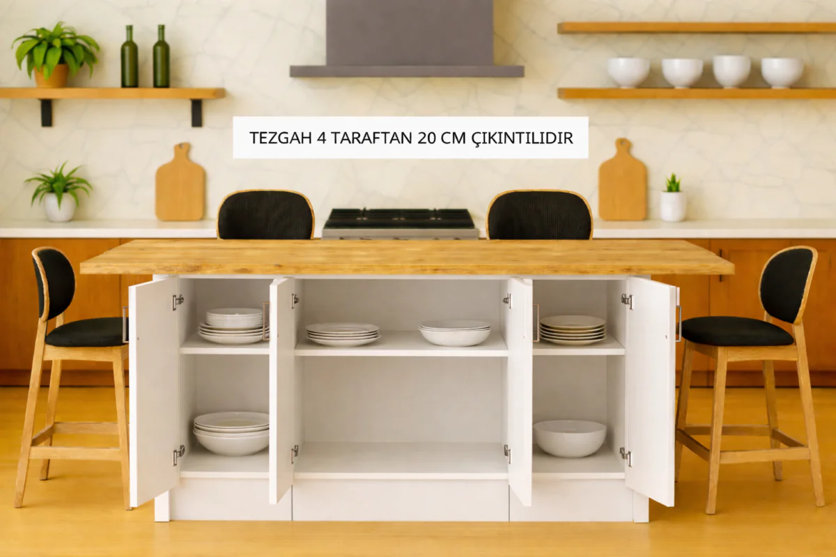 Star Mutfak Adası - Alt Modül - 4 Kapaklı - 180 cm - Tezgah Dahil - Beyaz - Görsel 2