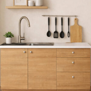 Farkın Alt Modül-Çok Amaçlı Dolap -120 cm -2 Kapaklı-3 Çekmeceli-Laminat Beyaz Tezgah Dahil - Atlantik Çam