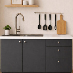 Farkın Alt Modül-Çok Amaçlı Dolap -120 cm -2 Kapaklı-3 Çekmeceli-Laminat Beyaz Tezgah Dahil - Antrasit