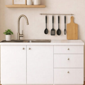 Farkın Alt Modül-Çok Amaçlı Dolap -120 cm -2 Kapaklı-3 Çekmeceli-Laminat Beyaz Tezgah Dahil - Beyaz