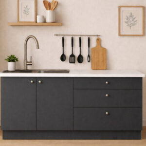 Barkın Alt Modül-Çok Amaçlı Dolap -160 cm -2 Kapaklı-3 Çekmeceli-Laminat Beyaz Tezgah Dahil - Antrasit