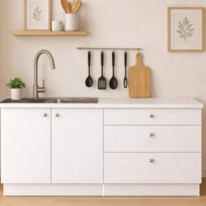 Barkın Alt Modül-Çok Amaçlı Dolap -160 cm -2 Kapaklı-3 Çekmeceli-Laminat Beyaz Tezgah Dahil - Beyaz