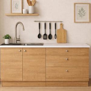 Barkın Alt Modül-Çok Amaçlı Dolap -160 cm -2 Kapaklı-3 Çekmeceli-Laminat Beyaz Tezgah Dahil - Atlantik Çam