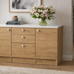 Kora Alt Modül-Çok Amaçlı Dolap -150 cm -2 Kapaklı-3 Çekmeceli-Laminat Beyaz Tezgah Dahil - Atlantik Çam