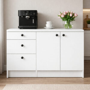 Roya Alt Modül-Çok Amaçlı Dolap -130 cm -2 Kapaklı-3 Çekmeceli-Laminat Beyaz Tezgah Dahil - Beyaz