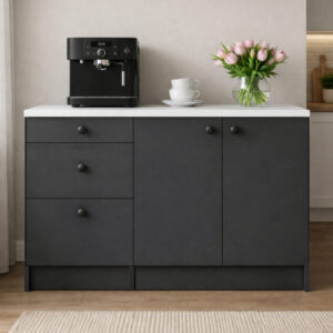 Roya Alt Modül-Çok Amaçlı Dolap -130 cm -2 Kapaklı-3 Çekmeceli-Laminat Beyaz Tezgah Dahil - Antrasit