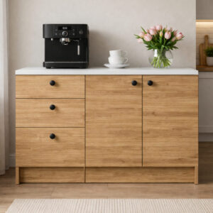 Roya Alt Modül-Çok Amaçlı Dolap -130 cm -2 Kapaklı-3 Çekmeceli-Laminat Beyaz Tezgah Dahil - Atlantik Çam