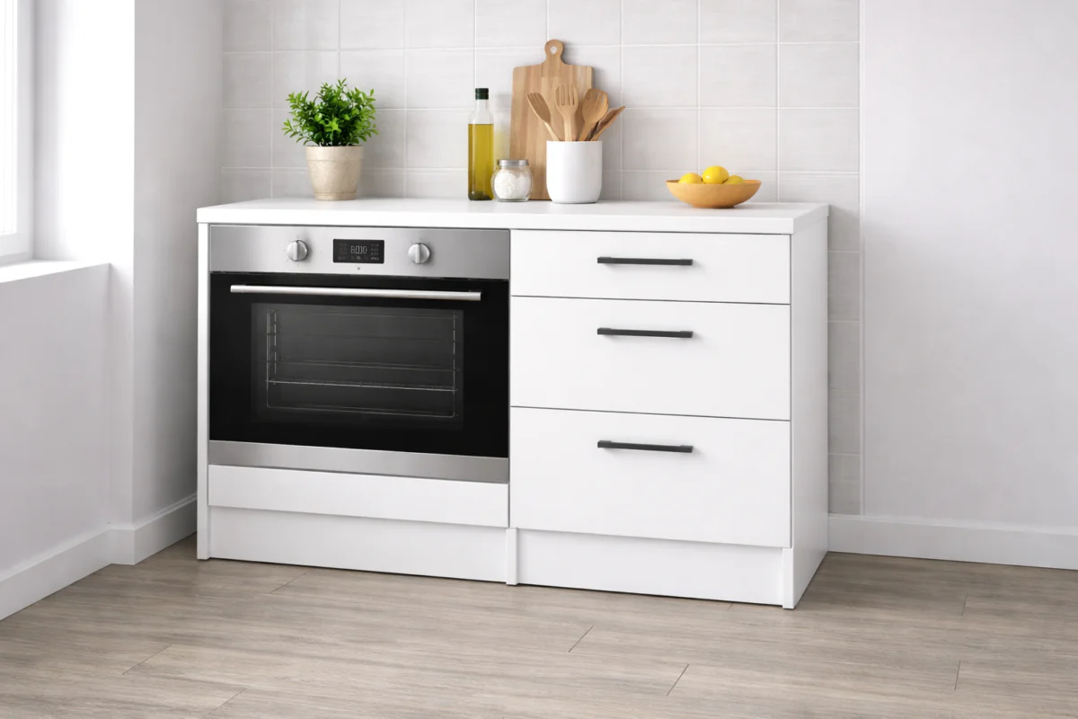Aka Ankastre Fırın Modülü-Çok Amaçlı Dolap -110 cm -3 Çekmeceli-Laminat Beyaz Tezgah Dahil - Beyaz