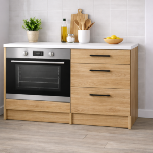 Aka Ankastre Fırın Modülü-Çok Amaçlı Dolap -110 cm -3 Çekmeceli-Laminat Beyaz Tezgah Dahil - Atlantik Çam