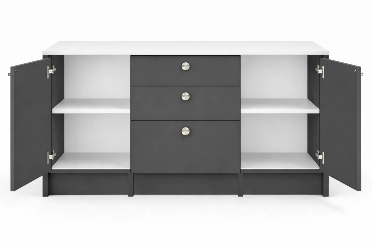 Kora Alt Modül-Çok Amaçlı Dolap -150 cm -2 Kapaklı-3 Çekmeceli-Laminat Beyaz Tezgah Dahil - Antrasit - Görsel 3