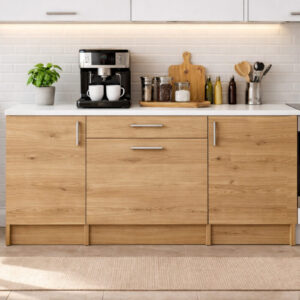 Kali Alt Modül-Çok Amaçlı Dolap -140 cm -3 Kapaklı-1 Çekmeceli-Laminat Beyaz Tezgah Dahil - Atlantik Çam