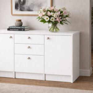 Kora Alt Modül-Çok Amaçlı Dolap -150 cm -2 Kapaklı-3 Çekmeceli-Laminat Beyaz Tezgah Dahil - Beyaz