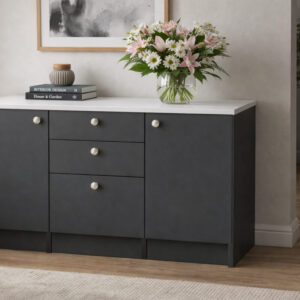 Kora Alt Modül-Çok Amaçlı Dolap -150 cm -2 Kapaklı-3 Çekmeceli-Laminat Beyaz Tezgah Dahil - Antrasit