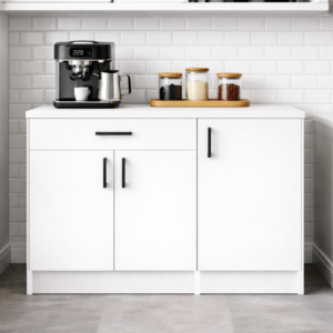 Siyam Alt Modülü-Çok Amaçlı Dolap -100 cm -3 Kapaklı 1 Çekmeceli -Laminat Beyaz Tezgah Dahil - Beyaz