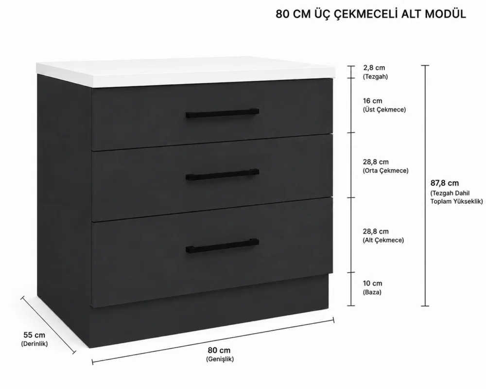 Şah Mutfak 3 Çekmeceli Alt Modül 80 cm - Çok Amaçlı Dolap - Beyaz Laminat Tezgah Dahil - Antrasit - Görsel 2