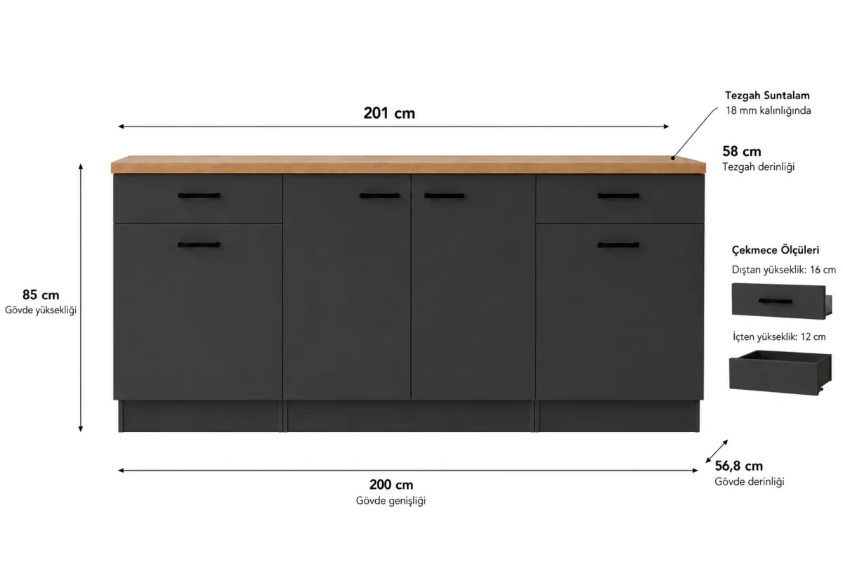 Paye Mutfak 4 Kapaklı - 2 Çekmeceli Alt Modül - Çok Amaçlı Dolap - Fırın Dolabı - 200 cm - Tezgah Dahil - Antrasit - Görsel 2