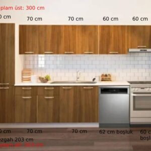 Avlonya Hazır Mutfak Dolabı Kiler Dahil 300cm-Beyaz Laminat Tezgah Dahil-Bulaşık Makinesi Yeri Mevcut - Ceviz-ÖZEL SİP