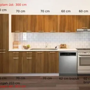 Avlonya Hazır Mutfak Dolabı Kiler Dahil 300cm-Beyaz Laminat Tezgah Dahil-Bulaşık Makinesi Yeri Mevcut - Ceviz-ÖZEL SİP